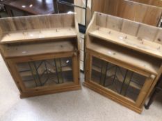 A PAIR OF LEAD AND STAINED GLASS FRONTED PINE CUPBOARD WALL UNITS 91 X 72 X 21CM