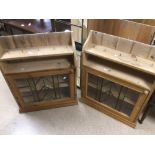 A PAIR OF LEAD AND STAINED GLASS FRONTED PINE CUPBOARD WALL UNITS 91 X 72 X 21CM