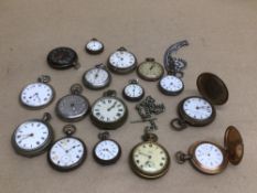 A QUANTITY OF POCKET WATCHES INCLUDES GOLD PLATED, RAILWAY TIMEKEEPERS, SMITHS, AND F.W.CO