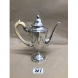 A MARKED (STERLING) AMERICAN SILVER COFFEE POT WITH BONE HANDLE ON PEDESTAL BASE ENGRAVED IN SWAGS