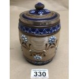 A HALLMARKED MOUNTED DOULTON LAMBETH GLAZED STONEWARE TOBACCO JAR 15CM