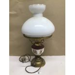 A BRASS AND PORCELAIN TABLE LAMP DECORATED WITH CLASSICAL FIGURES