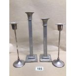 TWO PAIRS OF STYLISED CHROME CANDLESTICKS LARGEST 27CMS