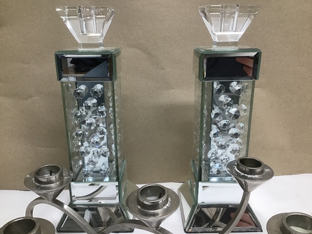 A PAIR OF CUT GLASS AND MIRROR CANDLESTICKS 28CM ALONG WITH A CHROME CANDELABRA - Image 3 of 3