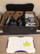 A QUANTITY OF XBOX GAMES, INCLUDES CALL OF DUTY, XBOX STEERING WHEEL, LIMITED EDITION WII BOARD