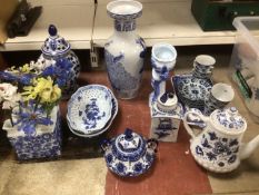 A LARGE QUANTITY OF BLUE AND WHITE CHINA INCLUDES VASES TEAPOT AND GLASS FLOWERS
