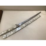 A KATANA SWORD DECORATED IN OX BONE WITH ORIENTAL SCENES BOTH HANDLE AND SCABBARD DECORATED