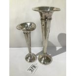 TWO WEIGHTED HALLMARKED SILVER TRUMPET SHAPED SPECIMEN VASES LARGEST 20CMS TOTAL WEIGHT 173 GRAMS