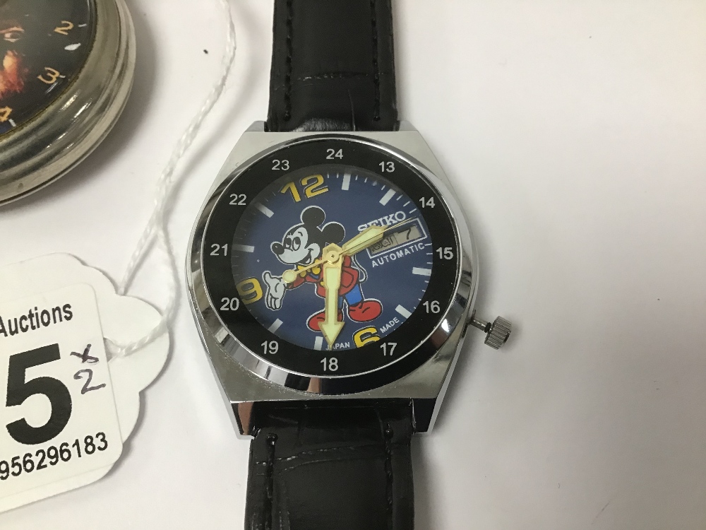 AN AUTOMATIC MICKEY MOUSE SEIKO WATCH WITH "THE WOLFMAN" POCKET WATCH - Image 2 of 4