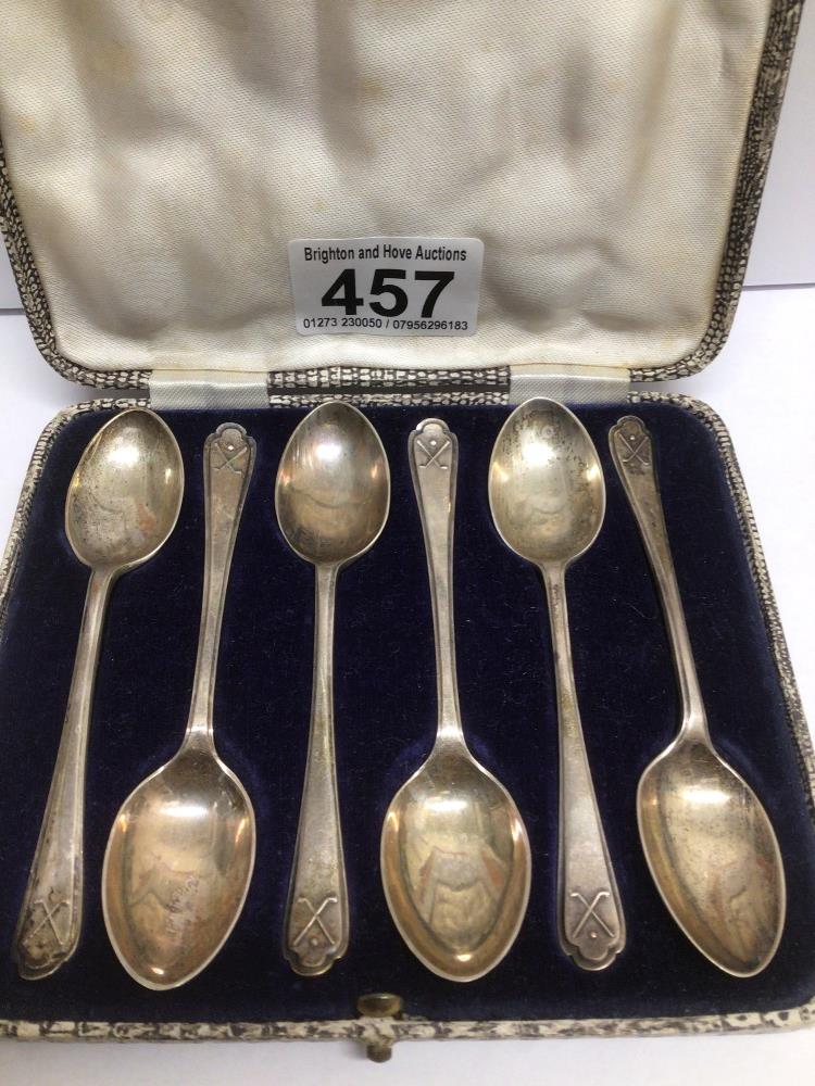 A CASED SET OF HALLMARKED SILVER TEASPOONS BY WALKER AND HALL WITH GOLF CLUBS EMBOSSED ON THEM - Image 2 of 4