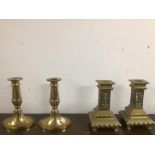 TWO PAIRS OF SQUAT CANDLESTICKS BOTH MADE FROM BRONZE GILT 16CM