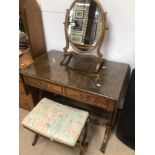 A BURR WALNUT DROP END LADIES DRESSING TABLE WITH SWING MIRROR AND STOOL
