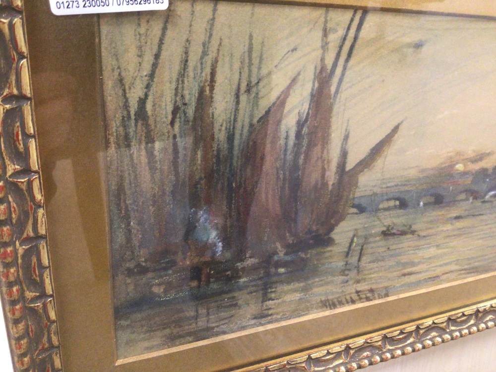 MARIA EATON (1860-1940) SIGNED FRAMED AND GLAZED A RIVER THAMES SUNSET SCENE 46 X 24CMS - Image 3 of 3
