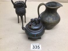 A CHINESE BRONZE WITH CHAMPLEVE ENAMEL LIDDED KORO, CAST BRONZE JUG WITH A BRONZE THREE-LEGGED VASE