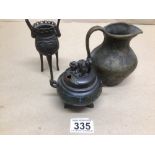 A CHINESE BRONZE WITH CHAMPLEVE ENAMEL LIDDED KORO, CAST BRONZE JUG WITH A BRONZE THREE-LEGGED VASE