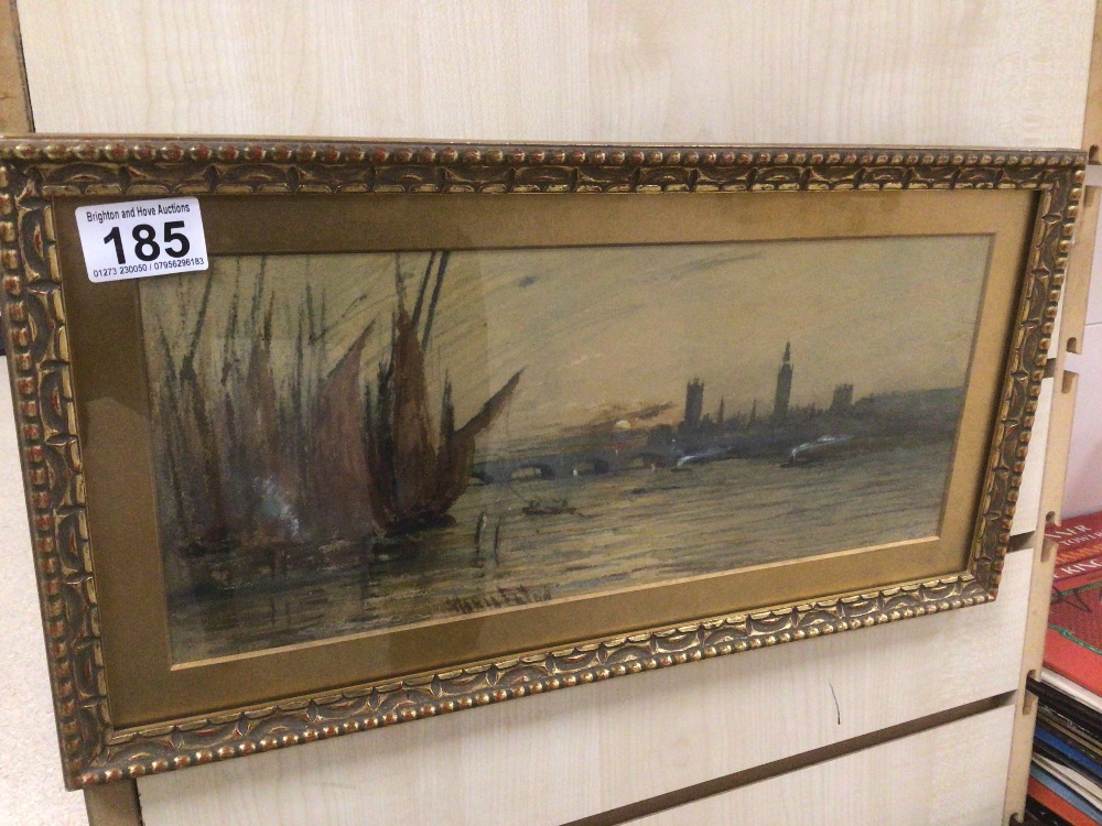 MARIA EATON (1860-1940) SIGNED FRAMED AND GLAZED A RIVER THAMES SUNSET SCENE 46 X 24CMS