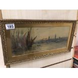 MARIA EATON (1860-1940) SIGNED FRAMED AND GLAZED A RIVER THAMES SUNSET SCENE 46 X 24CMS