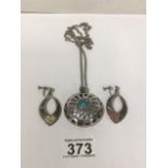 A MEXICAN SILVER PENDANT WITH CHAIN AND EARRINGS