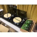 TWO SHERWOOD PM-8550 RECORD TURNTABLES WITH A GEMINI MIXER