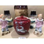 A COMMEMORATIVE DOULTON LAMBETH JUG WITH A FIELDINGS TEA CADDY AND FOUR STAFFORDSHIRE FIGURES