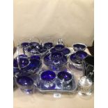 A LARGE COLLECTION OF PLATEWARE MOST WITH BLUE GLASS LINERS