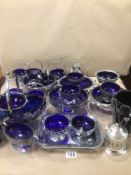 A LARGE COLLECTION OF PLATEWARE MOST WITH BLUE GLASS LINERS