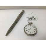 A FINE SILVER LADIES POCKET WATCH WITH A PROPELLING PENCIL