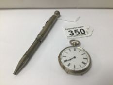 A FINE SILVER LADIES POCKET WATCH WITH A PROPELLING PENCIL