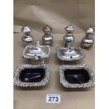 A QUANTITY OF SILVER PLATED CONDIMENTS HIGHLY DECORATED WITH LIONS FEET