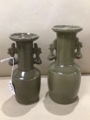 TWO GREEN TWIN HANDLE CHINESE VASES LARGEST 19CM