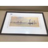 A LIMITED EDITION 28/850 FRAMED AND GLAZED PRINT SIGNED ANTHONY PEARCE TITLED THAMES BARGES 51 X