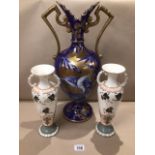 A LARGE VICTORIAN TWO HANDLE VASE DECORATED WITH BLUE AND GILT GROUND ONE HANDLE A/F 53CMS ALSO A