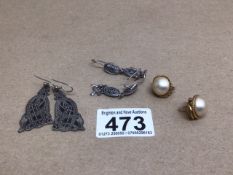 TWO PAIRS OF 925 SILVER EARRINGS WITH ONE PAIR OF PEWTER EARRINGS