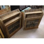 A PAIR OF LEAD AND STAIN GLASS FRONTED PINE CUPBOARD WALL UNITS 91 X 72 X 21CM