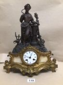 A 19TH CENTURY GILT METAL MANTLE CLOCK WITH A SPELTER FIGURE A/F