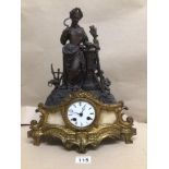 A 19TH CENTURY GILT METAL MANTLE CLOCK WITH A SPELTER FIGURE A/F