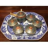 SIX PIECES OF KUTANI YAKI WARE ON A BLUE AND WHITE MEAT PLATE