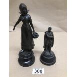TWO 19TH CENTURY SPELTER FIGURES BASES, DUTCH GIRL 21CMS AND GENTLEMAN