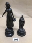 TWO 19TH CENTURY SPELTER FIGURES BASES, DUTCH GIRL 21CMS AND GENTLEMAN