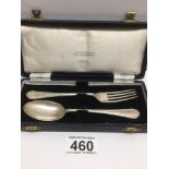 A CASED SET OF SILVER HALLMARKED MAPPIN AND WEBB SWAGS AND TAILS FORK AND SPOON 57 GRAMS