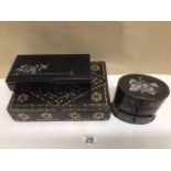 TWO JAPANESE BLACK LACQUERED WITH DECORATION BOXES WITH A MINIATURE THREE DRAWER HARDWOOD CHEST WITH