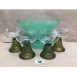 AN ART DECO GREEN VASE WITH FOUR RETRO STEM DRINKING GLASSES