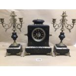 A 19TH CENTURY SLATE AND MARBLE MANTLE CLOCK WITH GARNITURES BY H.F OF PARIS
