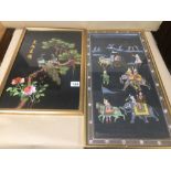 TWO ORIENTAL FRAMED AND GLAZED PIECES OF ART ONE PAINTING ON SILK THE OTHER AN EMBROIDERY