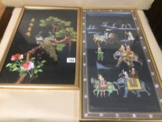 TWO ORIENTAL FRAMED AND GLAZED PIECES OF ART ONE PAINTING ON SILK THE OTHER AN EMBROIDERY