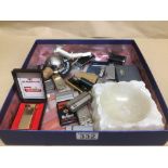 A BOX OF SMOKING RELATED ITEMS, LIGHTERS, INCLUDES RONSON AND ALCOHOL RELATED ITEMS