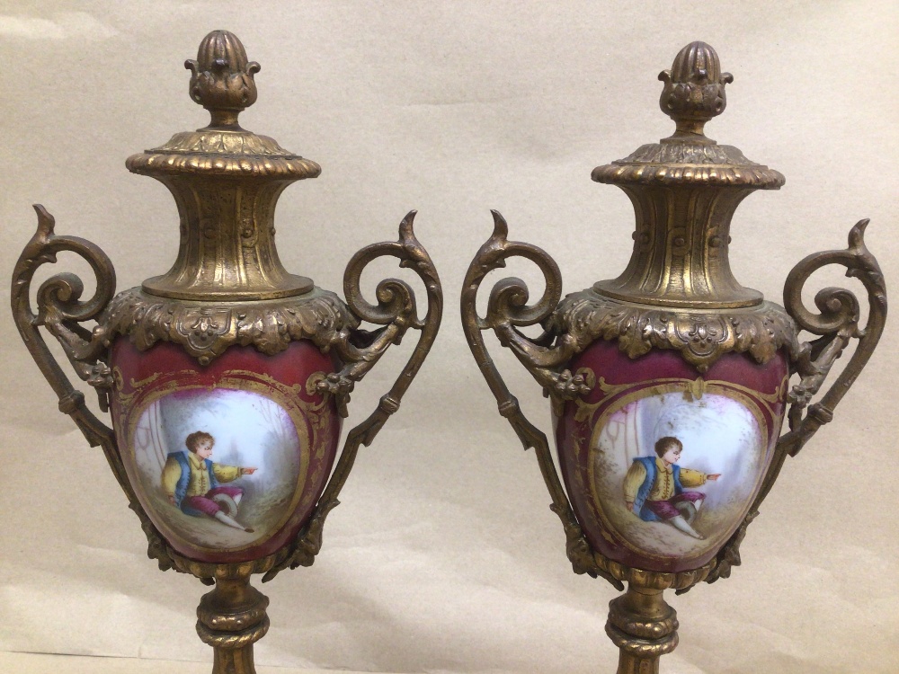 A PAIR OF HAND PAINTED PORCELAIN AND GILT METAL 19TH CENTURY GARNITURE 39CM - Image 4 of 8