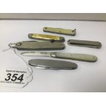A QUANTITY OF VINTAGE PEN KNIVES INCLUDES MOTHER IN PEARL SILVER HALLMARKED