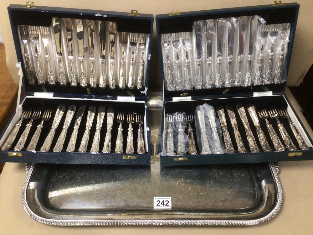 TWO CANTEENS OF CUTLERY, BY MAPPIN AND WEBB (MAPPIN PLATE) WITH A LARGE SILVER PLATED SERVING TRAY
