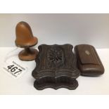 THREE WOODEN ITEMS INCLUDES A CARVED WOODEN STAMP BOX AND A WOODEN SNUFF BOX AND A CARVED ACORN